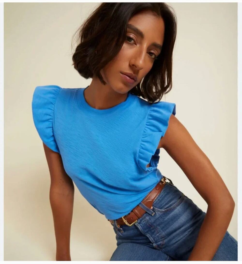 Nation Paulette Tank in Lapis Blue ‎ Ruffle Cap Sleeve Pima Cotton Size L